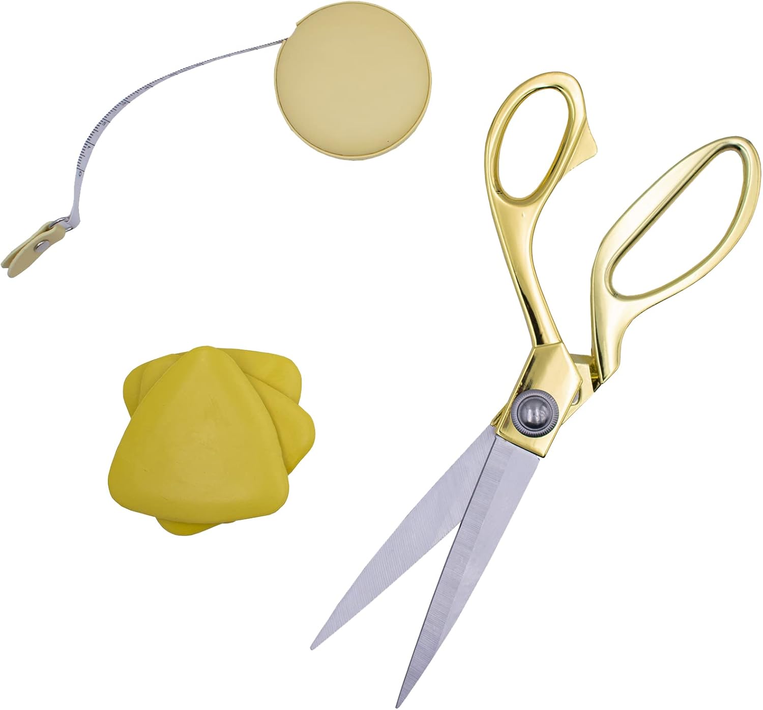 Professional Tailor & Dressmaker 9.5” Sharp Scissors for Cutting Heavy Fabrics & Leather + Measuring Tape & Tailor’s Chalk (Rose Gold)