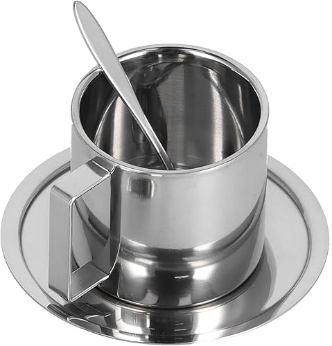 CHICIRIS Juego de 3 tazas de café aisladas de acero inoxidable de doble pared, tazas de té con leche con plato y cuchara (traje europeo de doble