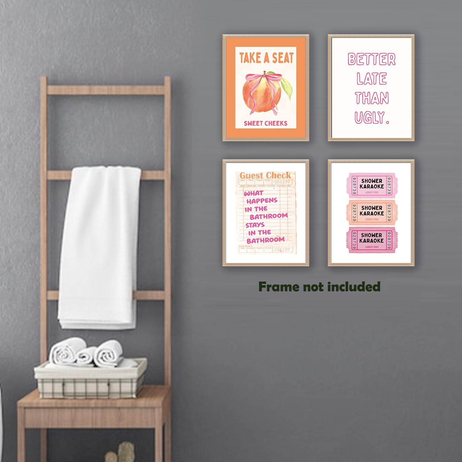 Pleonox Pink Preppy Funny Bathroom Canvas Wall Art Prints 8x10 Inch Set of 4, Trendy Retro Pink and Orange Sweet Cheeks Shower Karaoke Peach Pictures Wall Decor for Girls Bathroom Bedroom, Unframed image 5