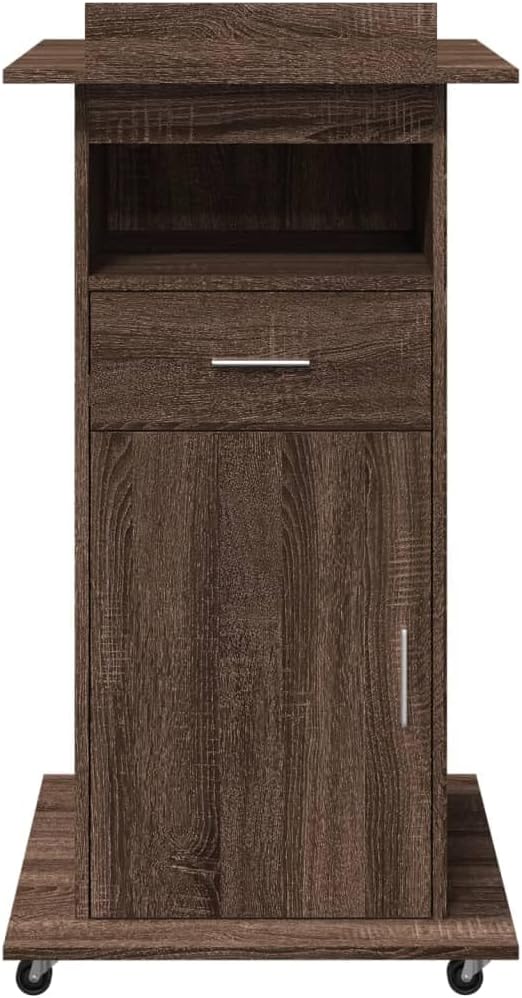 Generic Rolling Podium with Drawer, Wheeled Mobile Lectern with Open Shelf, Engineered Wood Presentation Stand for Classroom, Churchs, Conference and Public Speaking (Brown Oak)