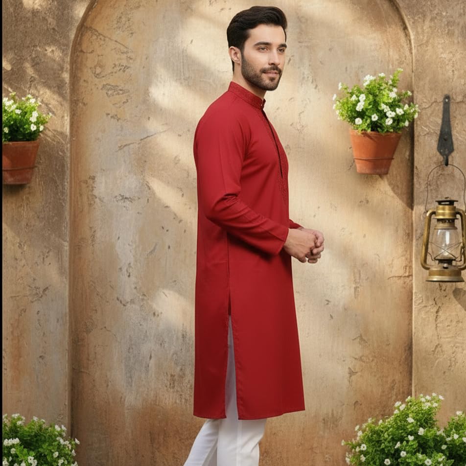 Image of Men's Cotton Blend Blend Knee Length Solid Color Style Stright Long Mandrin Collor Ethnic Casual Wear Kurta Only