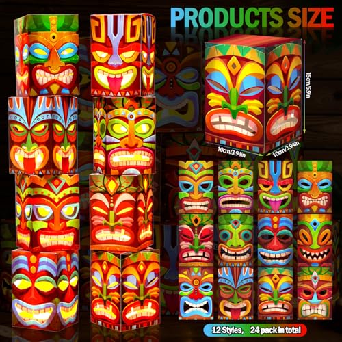 Baquler 24 Pcs Hawaiian Luau Party Decoration Tiki Totem Box Decor with Light Tropical Aloha Luau Decor Tiki Lighted Gift Boxes for Hawaiian Tropical Tiki Party Outdoor Indoor Supplies