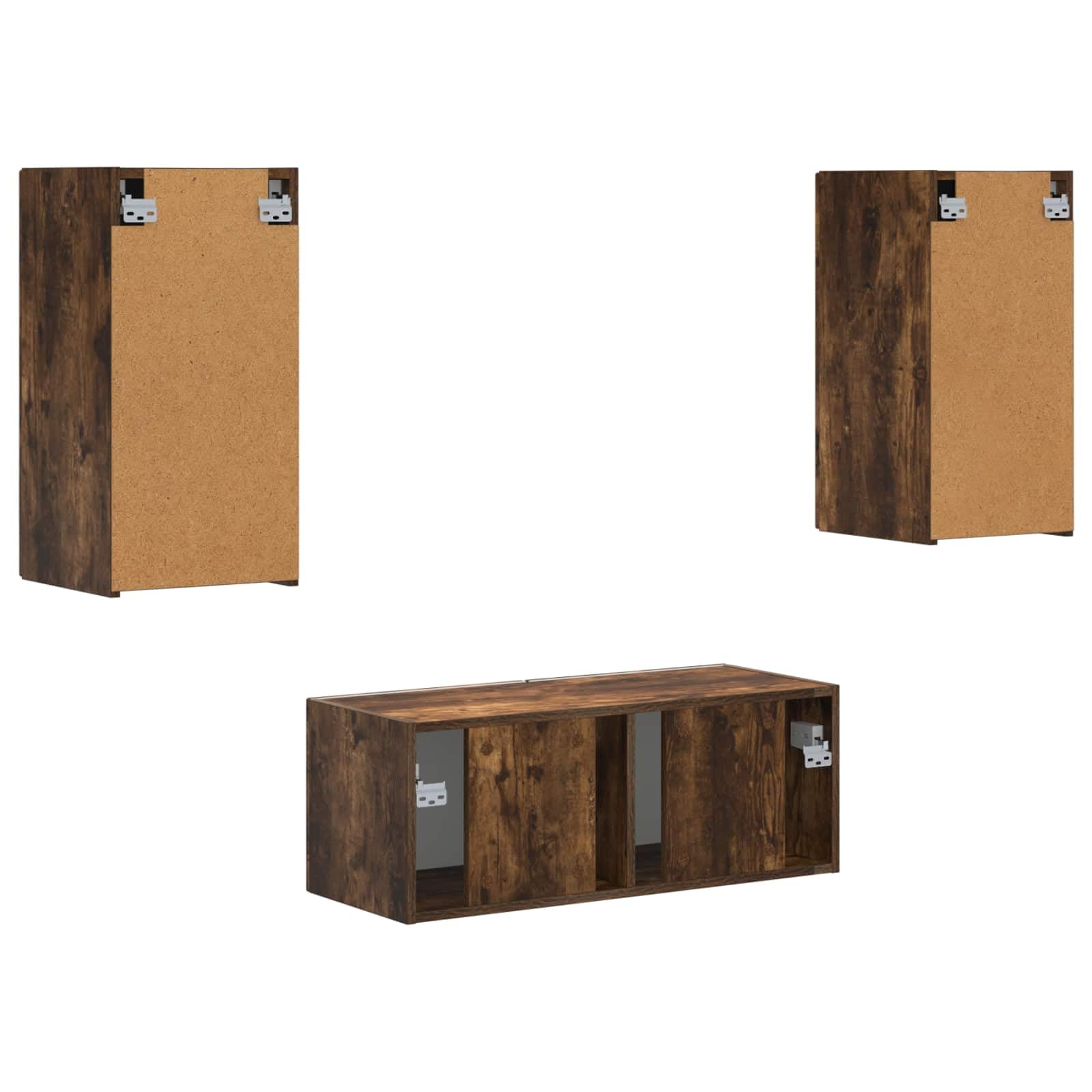 6-Piece Floating TV Stand Set, Smoked Oak Wall Mounted Console | Made of durable engineered wood, this space-saving media center optimizes storage in living rooms and media corners.