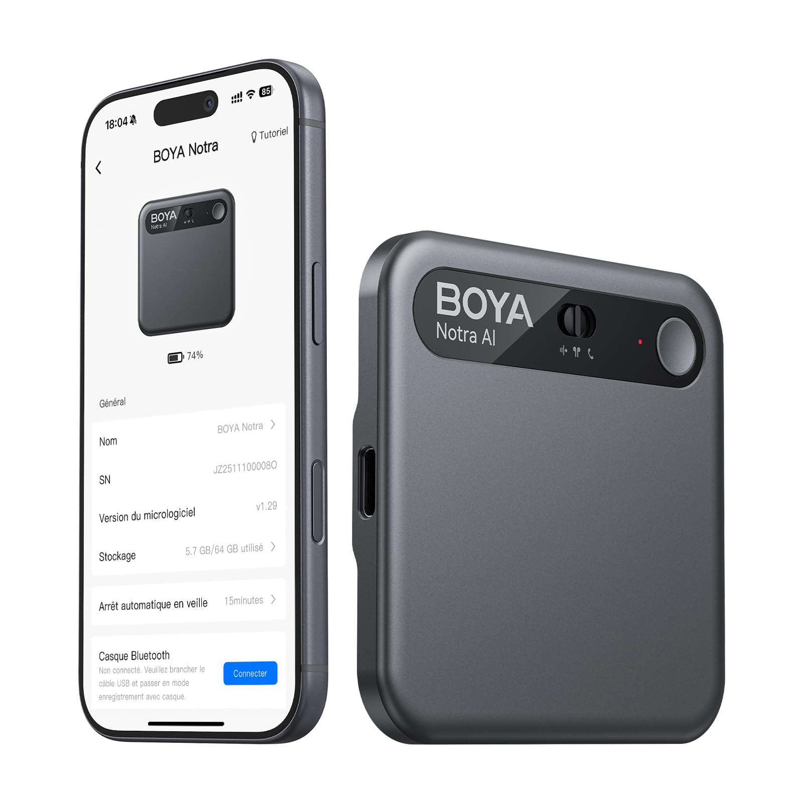 BOYA Notra Enregistreur Vocal IA Dictaphone Numérique avec Transcription et Résumé intelligents, Enregistrement Ambiant/Appels/Casque Bluetooth pour Réunions, Appels et Sessions en Ligne, Noir