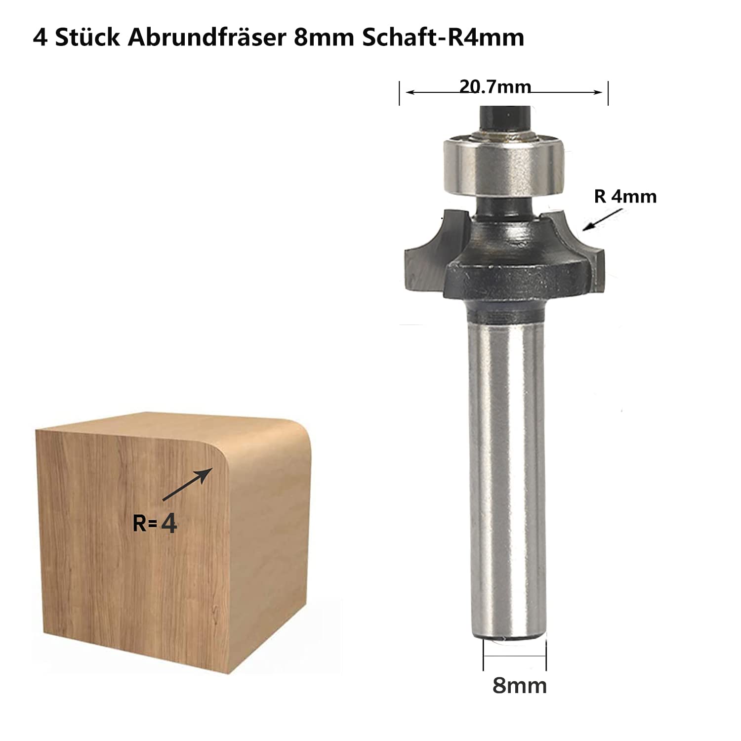 4 Stück Abrundfräsar, 8mm Schaft Rundfräser Standard Radiusfräsar Set, mit Kugelleger, Abrundfreser für Kantenfräse /Frästisch