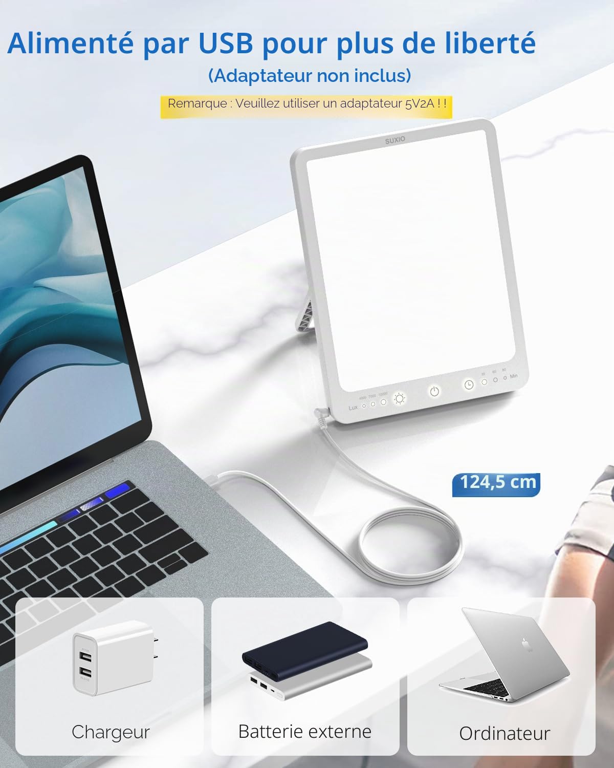SUXIO lampe de luminothérapie - 10 000 lux, 3 modes, minuterie, lampe heureuse, lumière du jour tactile avec fonction de mémoire, boîte portable pour la maison