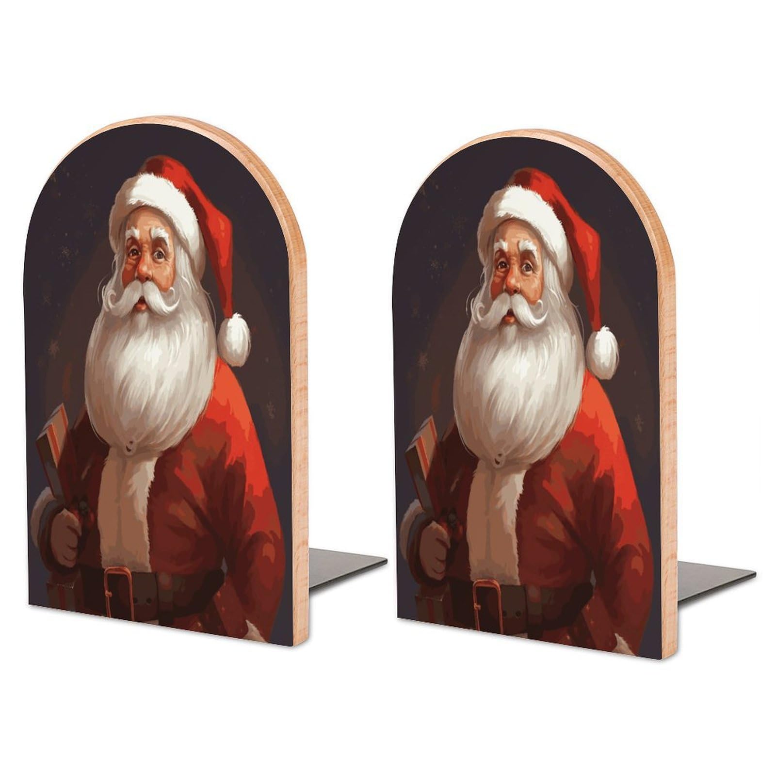 Large Santa Claus Book End with Metal Base Fashion Heavy Duty Bookend Exquisite Wooden Bookends Non-Skid Book Stopper for Shelves Books Organizer for Office Home 1 Pair