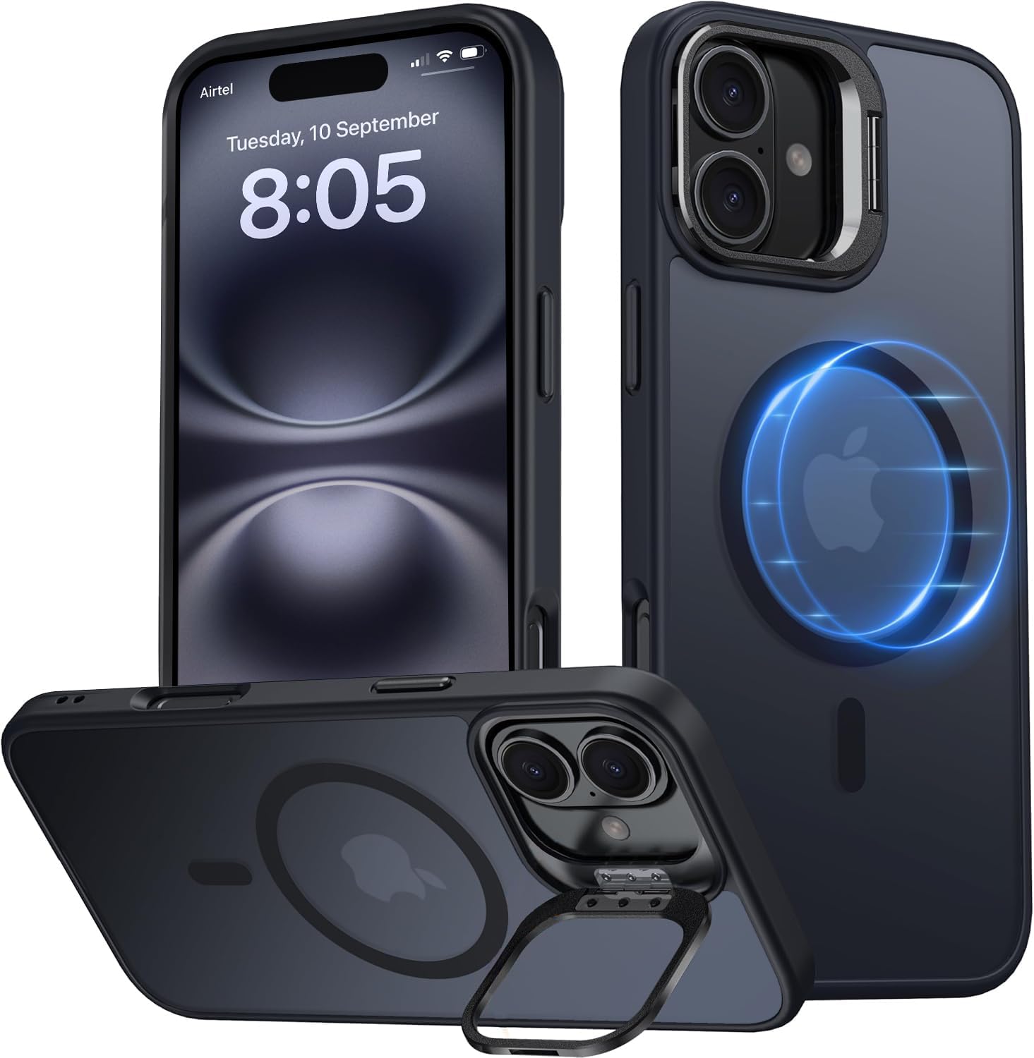 EGOTUDE Stand Case for iPhone 16 | Translucent Frosted Matte Hard Back Cover Compatible with Mag-Safe (Black) - Polycarbonate