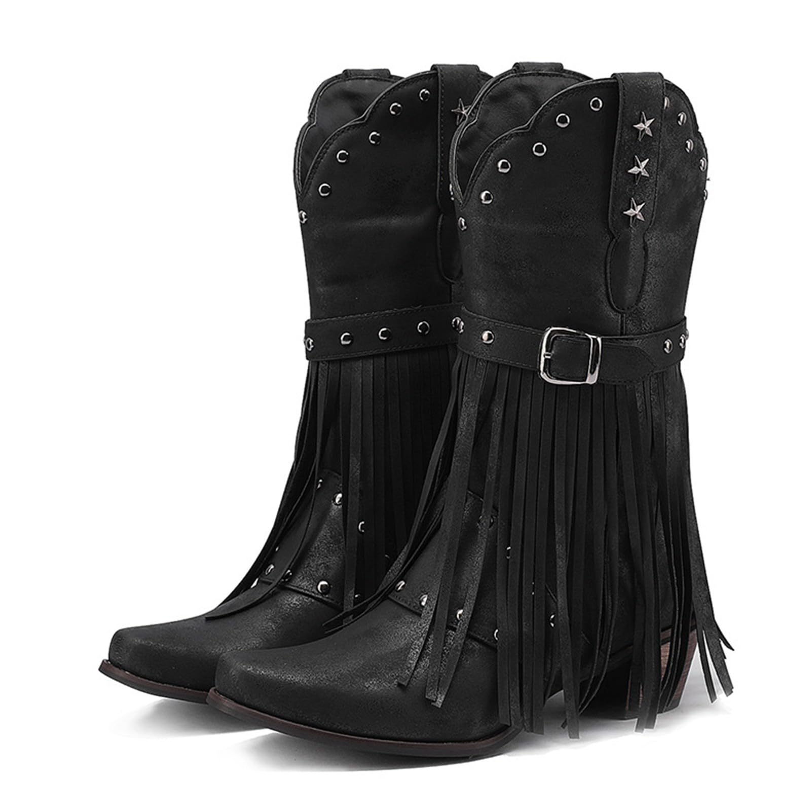 Stivali da donna, stile country frangia, stivaletti a punta, stivaletti, tacco quadrato, scarpe larghe, stivaletti con cinturino di fibbia, stivaletti da donna scamosciato, tacco a blocco, taglia