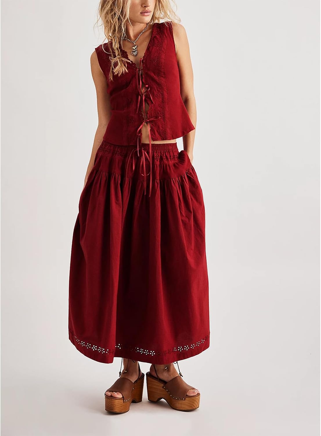 HOXIJIA Women Long Skirt 2 Pieces Set Hollow Out Eyelet Lace Tie Front Vest and Skirt 2PCS Outfits Vintage Solid Color Set - Image 5