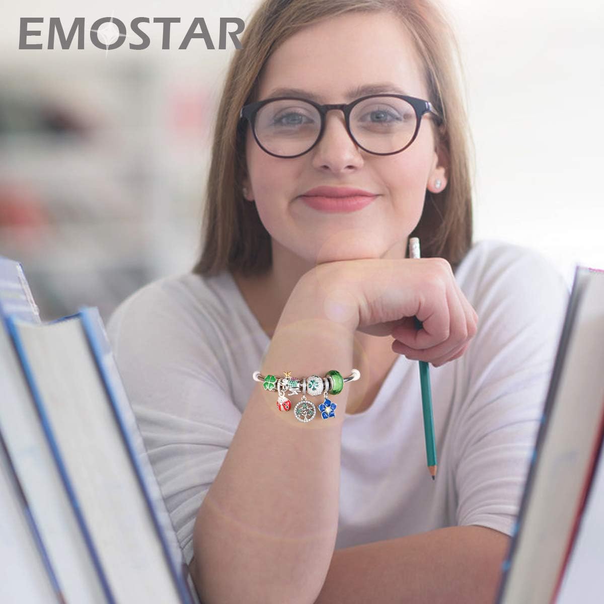 EMOSTAR Sparkling Dog Puppy Paw Print Charms, Four-Leaf Clover, and Green Leaves Charms fits Women Bracelet - Pave Clear Cubic Zirconia Beads in 925 Sterling Silver, Gifts for Christmas/Mom/Pet Lover - Image 6