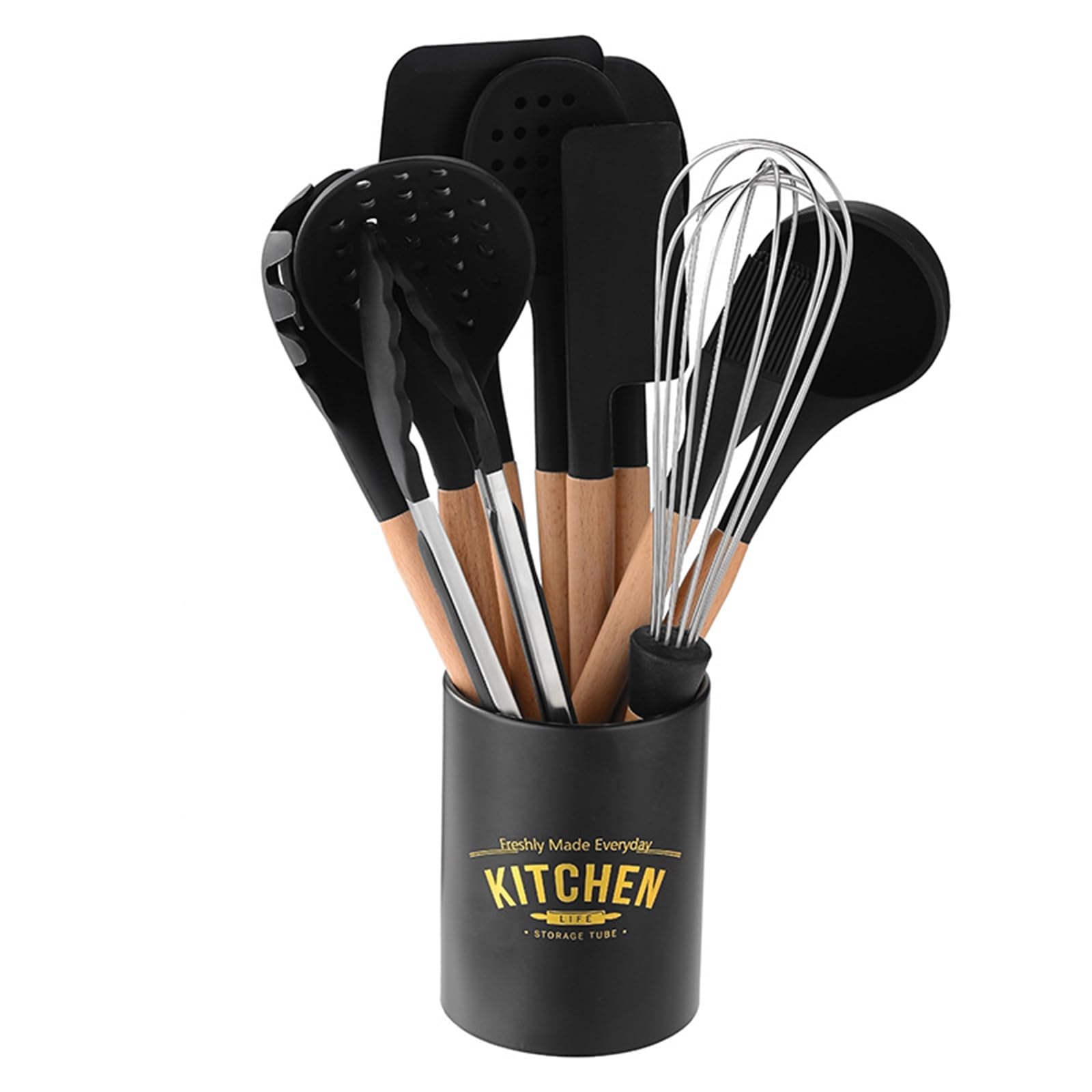 11 Stück Küchenhelfer Set, Silikon Küchenutensilien Set, Antihaft Hitzebeständiger Holzgriff Kochbesteck Mit Utensilienhalter, Silikonspatel Kochgeschirr Set, Spülmaschinengeeignet