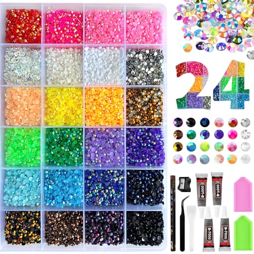 30000 Pcs 24 Colors Resin Jelly Rhinestones Kit,Multicolor 3mm Flatback Rhinestones with 4 Pcs B7000 Jewelry Glue & Tools,All-in-One Bedazzling Kit for Clothes Shoes Nail Book Diamond Art ﻿ ﻿