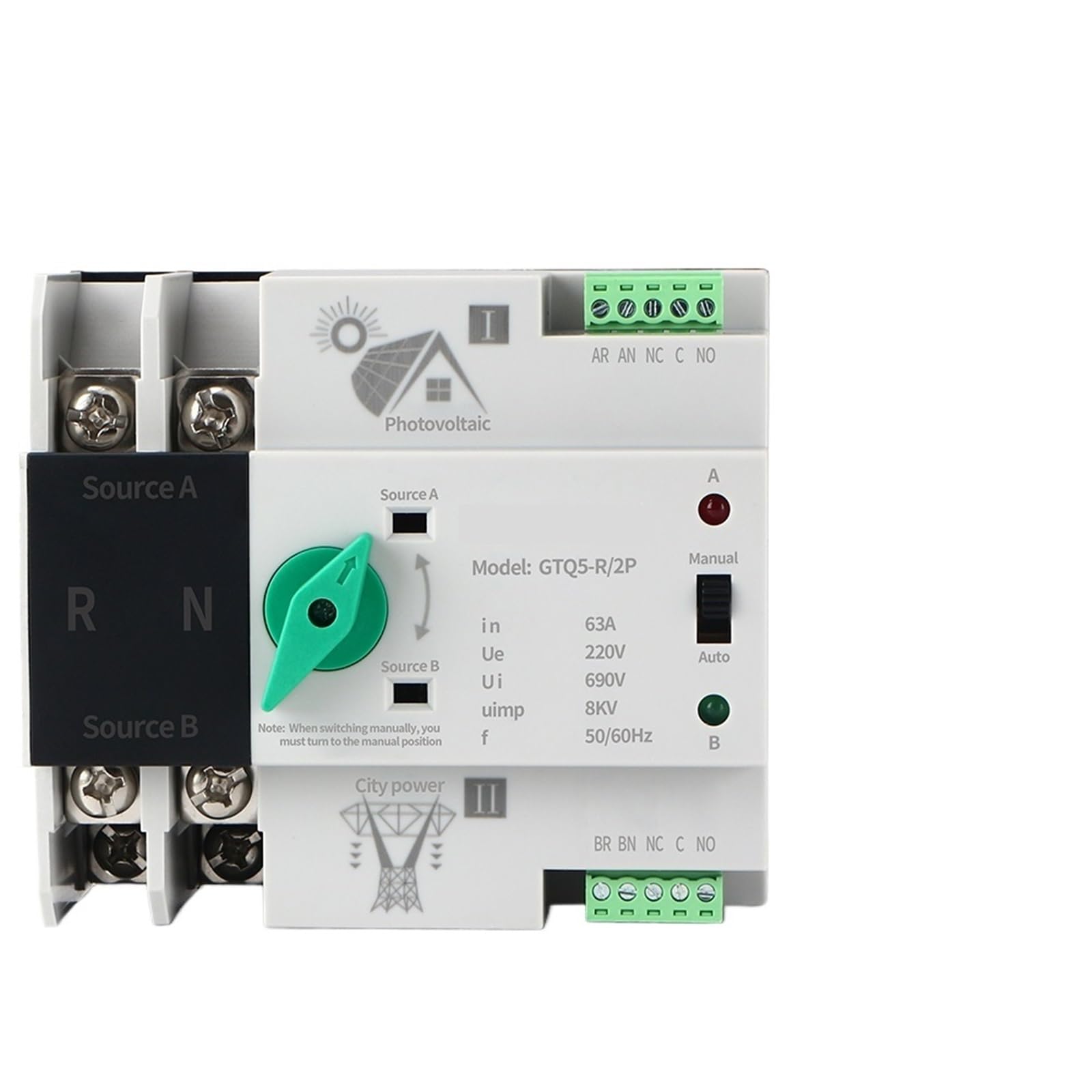 1 pz Interruttore di trasferimento automatico a doppia alimentazione 2P Guida DIN ATS Inverter fotovoltaico AC 230V Interruttori selettori ininterrotti 63A 100A 125A(63A)