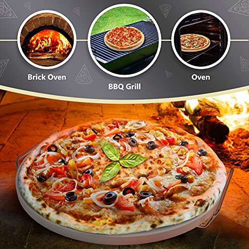 La & Li Pizza Stone For Grill And Oven - 13" Ceramic Round Oven Pizza Stone Set With Multipurpose Rack With Handles, 6 Plates, & Apron - Pizza Stone For Oven For Baking, Pizza, Bread, Cookies, & More #TOP5