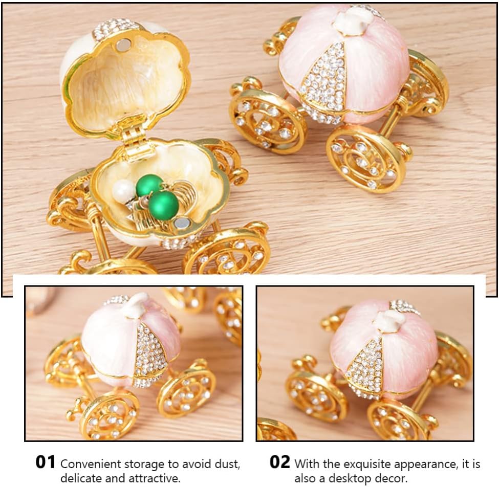Pumpkin Carriage Trinket Box Enameled Hinged Jewelry Box Decorative Ring Holder Case Vintage Treasure Chest Home Decor pink