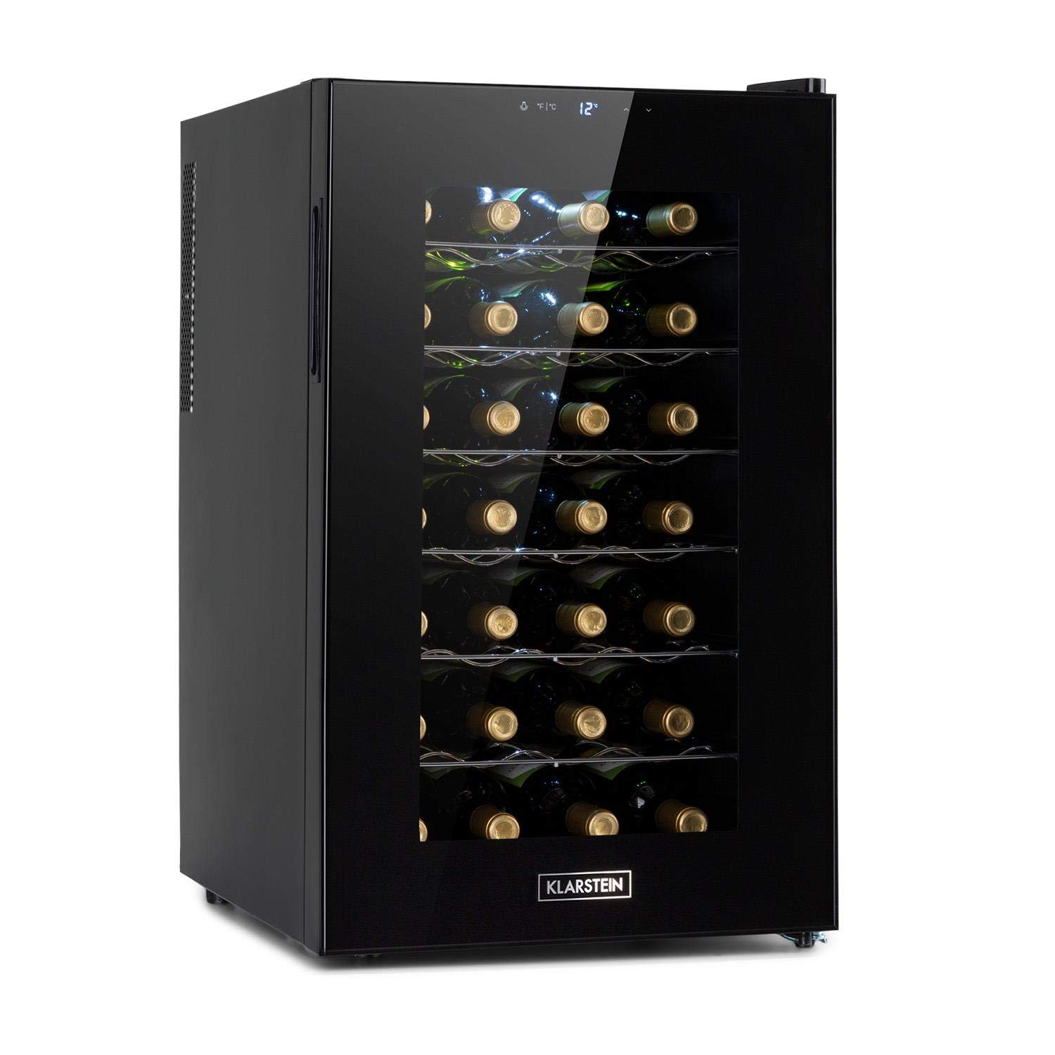 KLARSTEIN Barolo - Cave à vin, Porte en verre, Tiroirs métalliques, Eclairage intérieur LED, Facile à nettoyer, 70 litres, 28 bouteilles - Noir