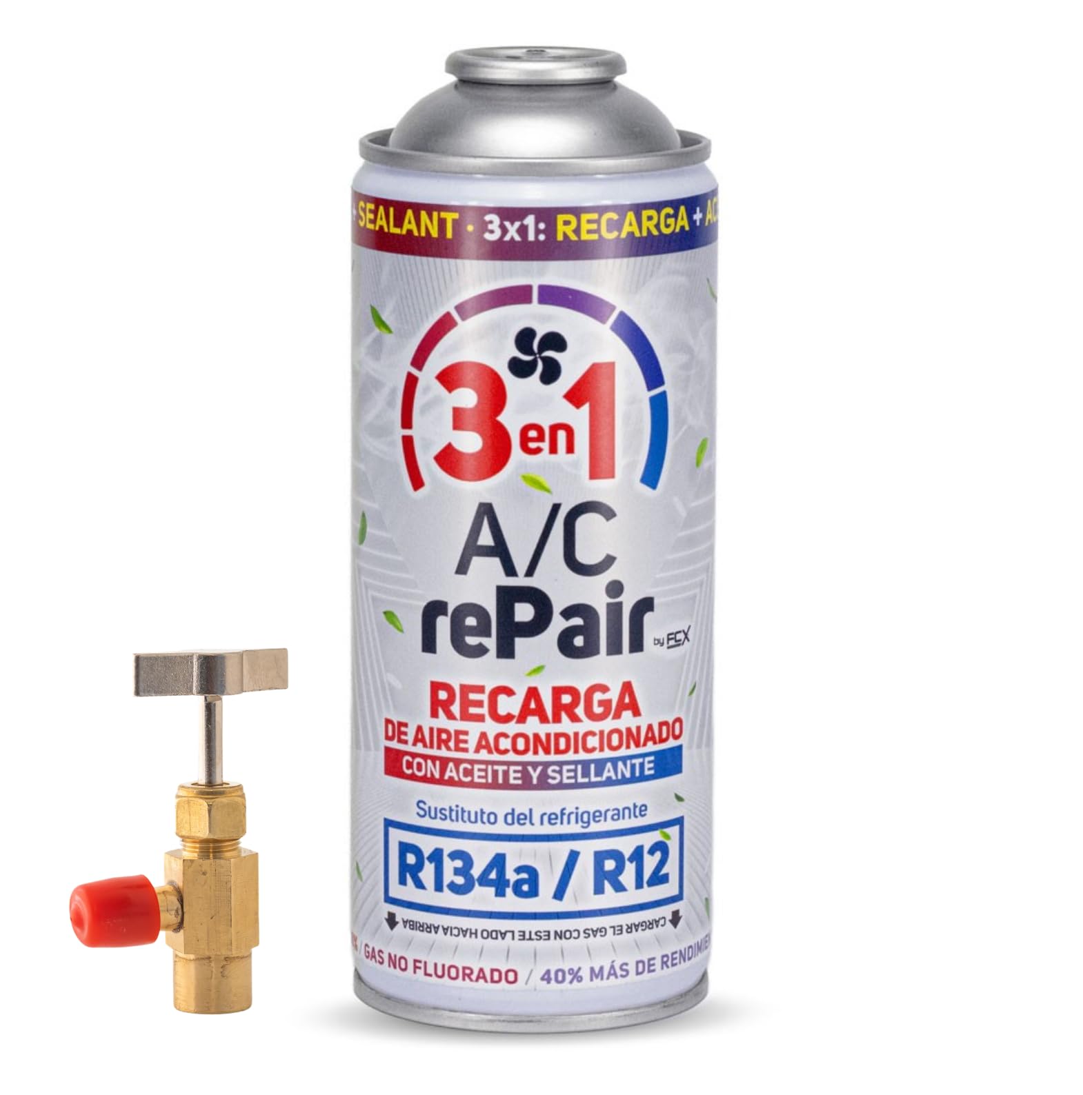 A/C rePair Recarga Aire Acondicionado Coche 3 en 1 Compatible R134a/R12 hasta 2016 – Sustituto Refrigerante con Sellador y Lubricante 400ml (1 ENVASE + LLAVE)