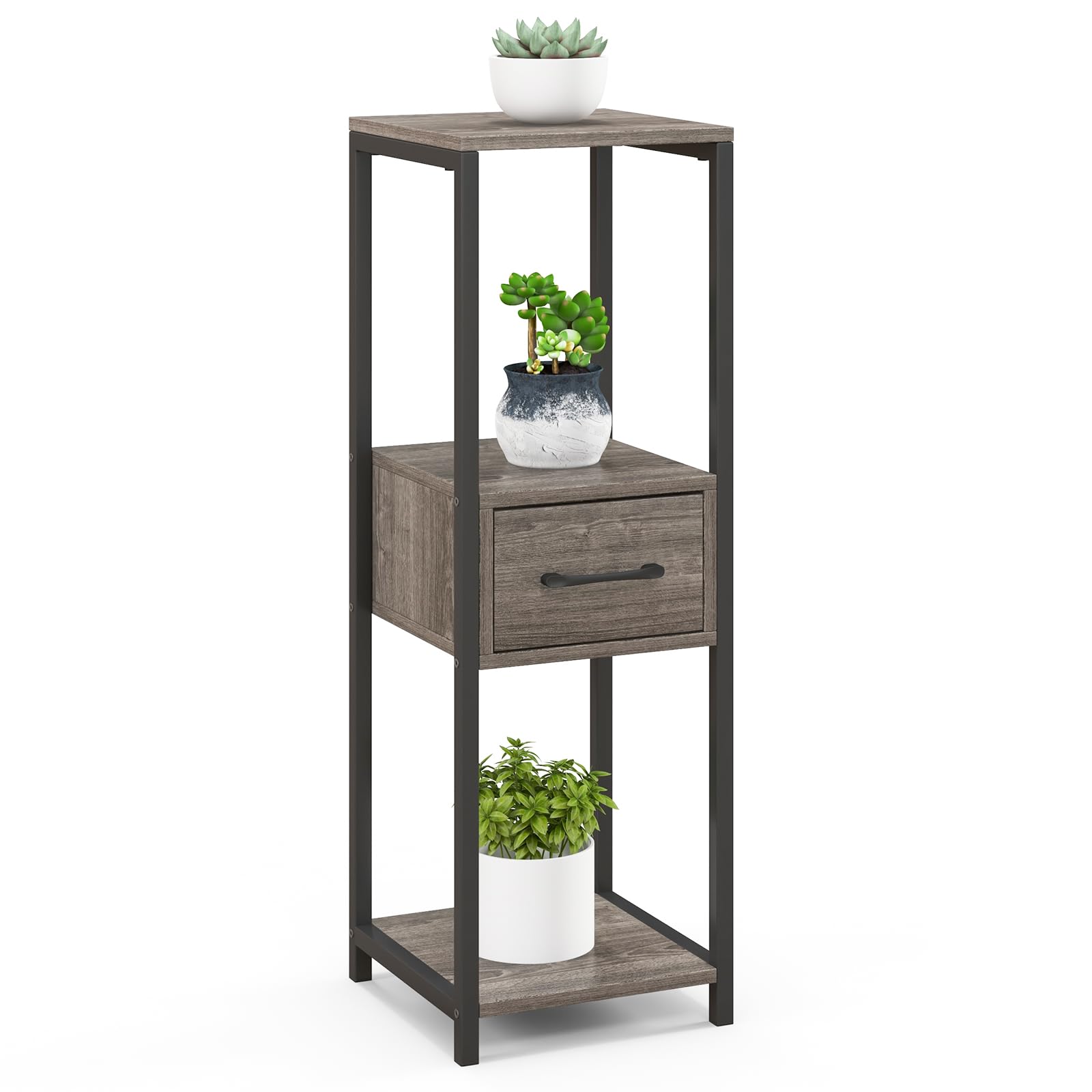 COSTWAY 3 Tier Tall Metal Plant Stand, Corner Plant Holder with Anti-tipping Devices, Freestanding Display Shelf Square Flower Pot Organizer (with Middle Drawer)