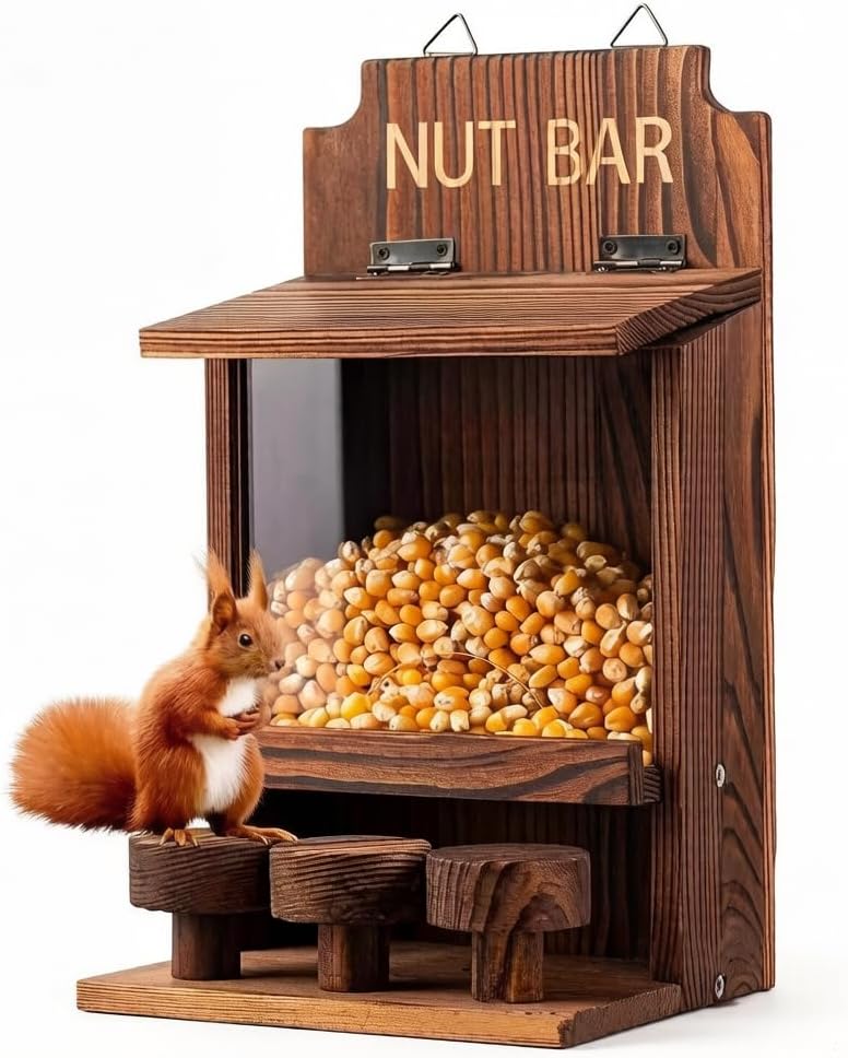 Squirrel Picnic Table Feeder, Handcrafted Solid Wood Outdoor Hanging or Mounted Squirrel Feeder for Yard, Garden, Patio - Cute Wildlife Watching & Backyard Gift