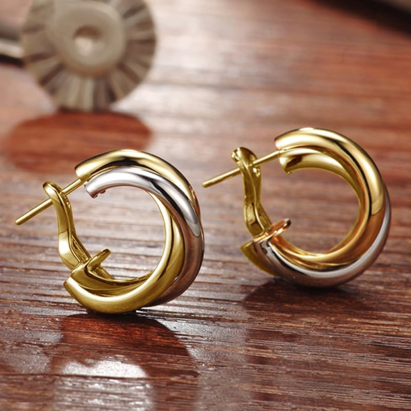 Silver and Gold Triple Hoops Earrings for Women Twist Braided Trendy Two Tone Hoop 18K Chunky Gold Fashion Earrings Gift - Image 3
