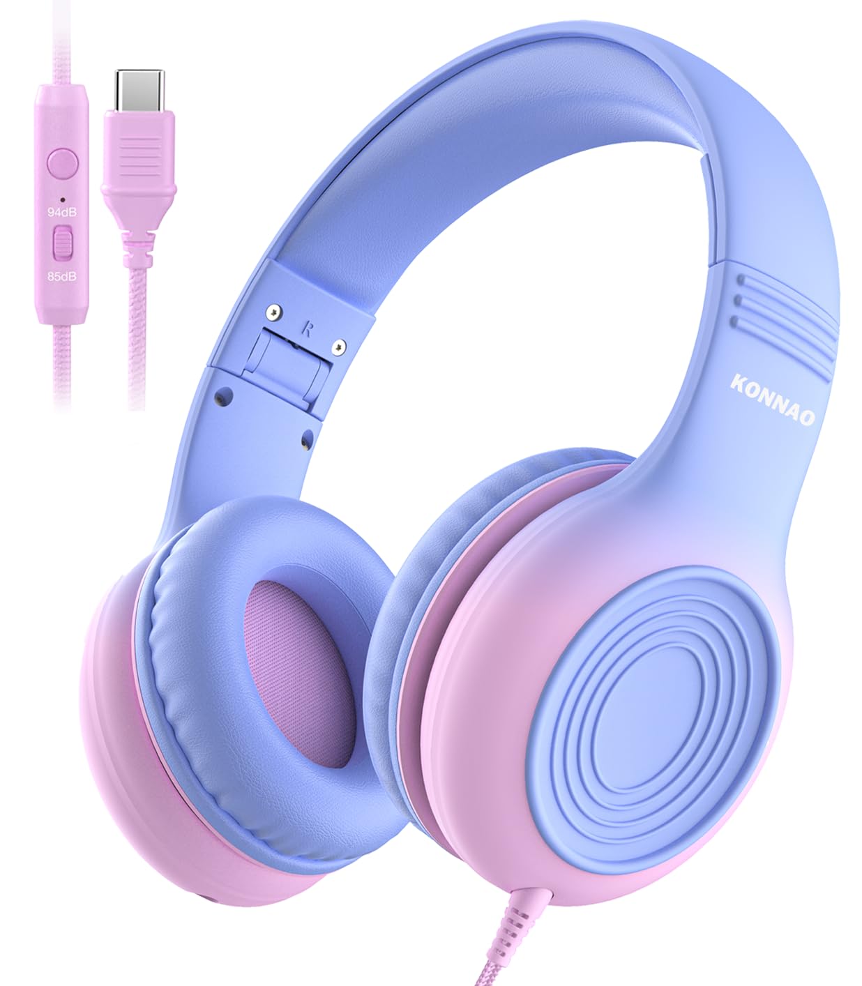 Upgrade USB Type C Kids Headphones, Wired Headphones for Kids with Microphone for Boys Girls, Adjustable 85dB/94dB Volume Limited(Light Purple & Pink)