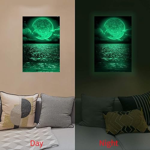 Miniatura 3 de Murales de pared de luna llena sobre el mar que brilla en la oscuridad, con temática oceánica, impermeables, extraíbles, fluorescentes, calcomanías