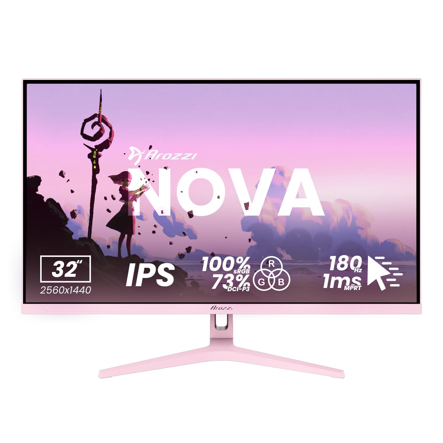 Arozzi Nova 32" Monitor Gaming IPS QHD 2560×1440, 180 Hz, 1 ms, FreeSync, HDR, Altavoces Integrados – Purple