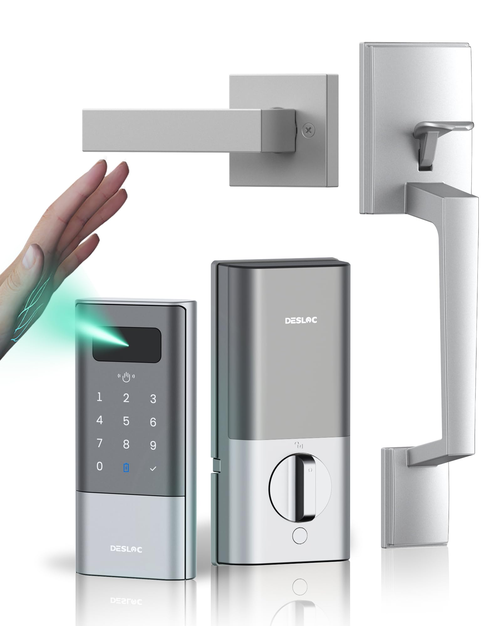 Desloc Palm Vein Smart Lock Handle Set, K140 Plus WiFi Keypad Deadbolt | 10000mAh Li-ion Battery, APP &Voice Control,Keypad Front Door Lock Set with Auto Lock, Anti-Peep, BHMA Grade 3, IP65, Sliver