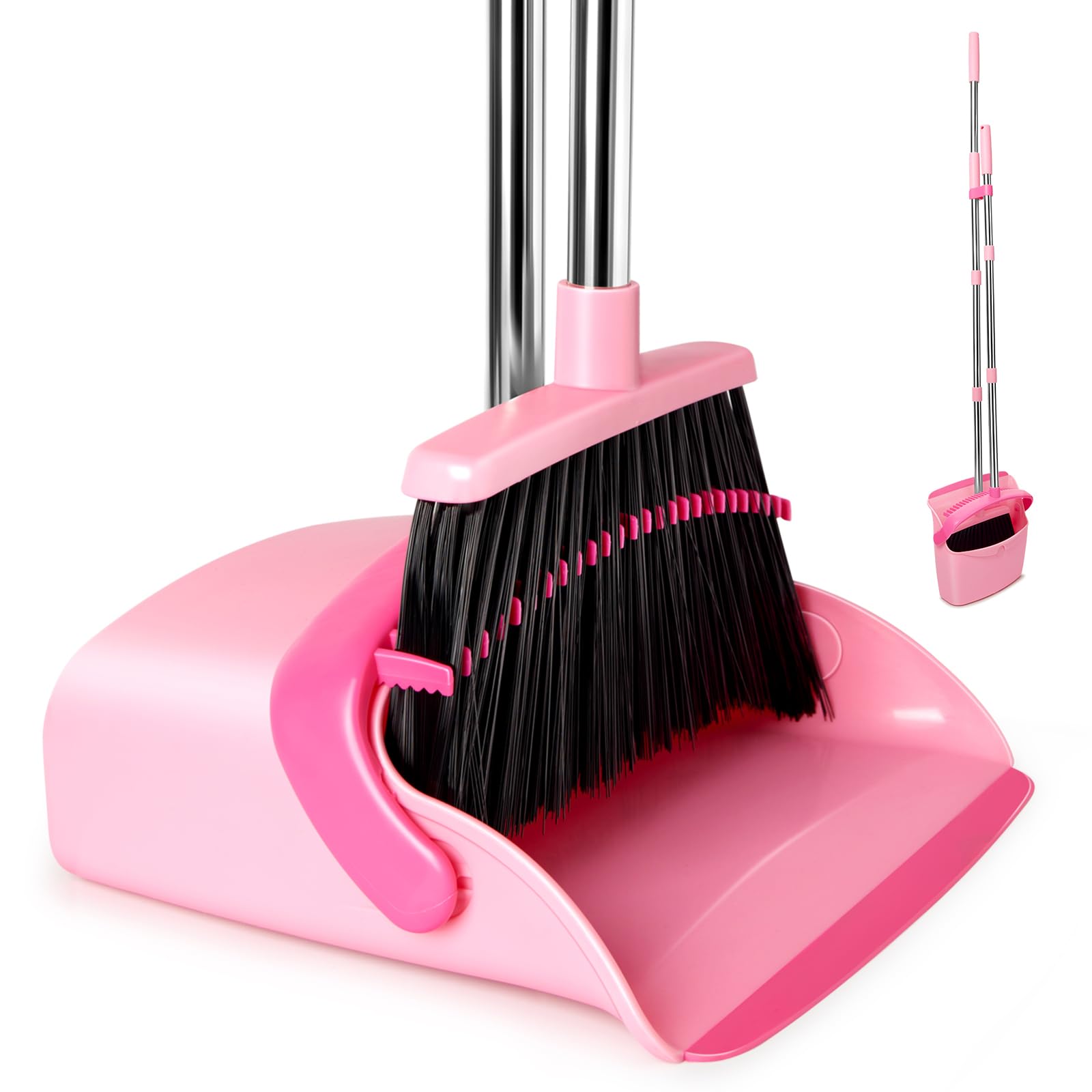 XXFLOWER Broom and Dustpan Set, Dustpans with Broom Combo with Long Handle Adjustable Length for Home, Kitchen,Office,Indoor(Pink)