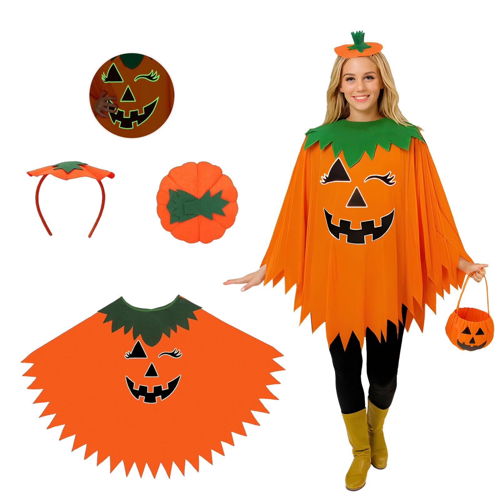 Mino Plus Disfraz de poncho de calabaza para mujer,disfraz de calabaza con Sombrero y Bolsas,disfraz de pumpkin para cosplay de halloween