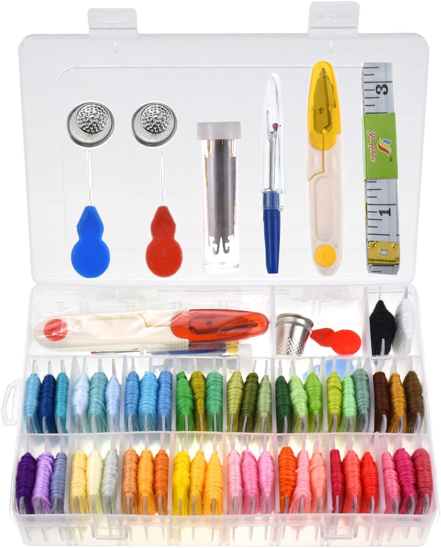 KOKNIT Embroidery Floss with Organizer Storage Box 50 Random Colors Craft Friendship Bracelet Thread Pre Wound Bobbins Plastic with Number 39 Pcs Cross Stitch String Kit Include Scissor Needle