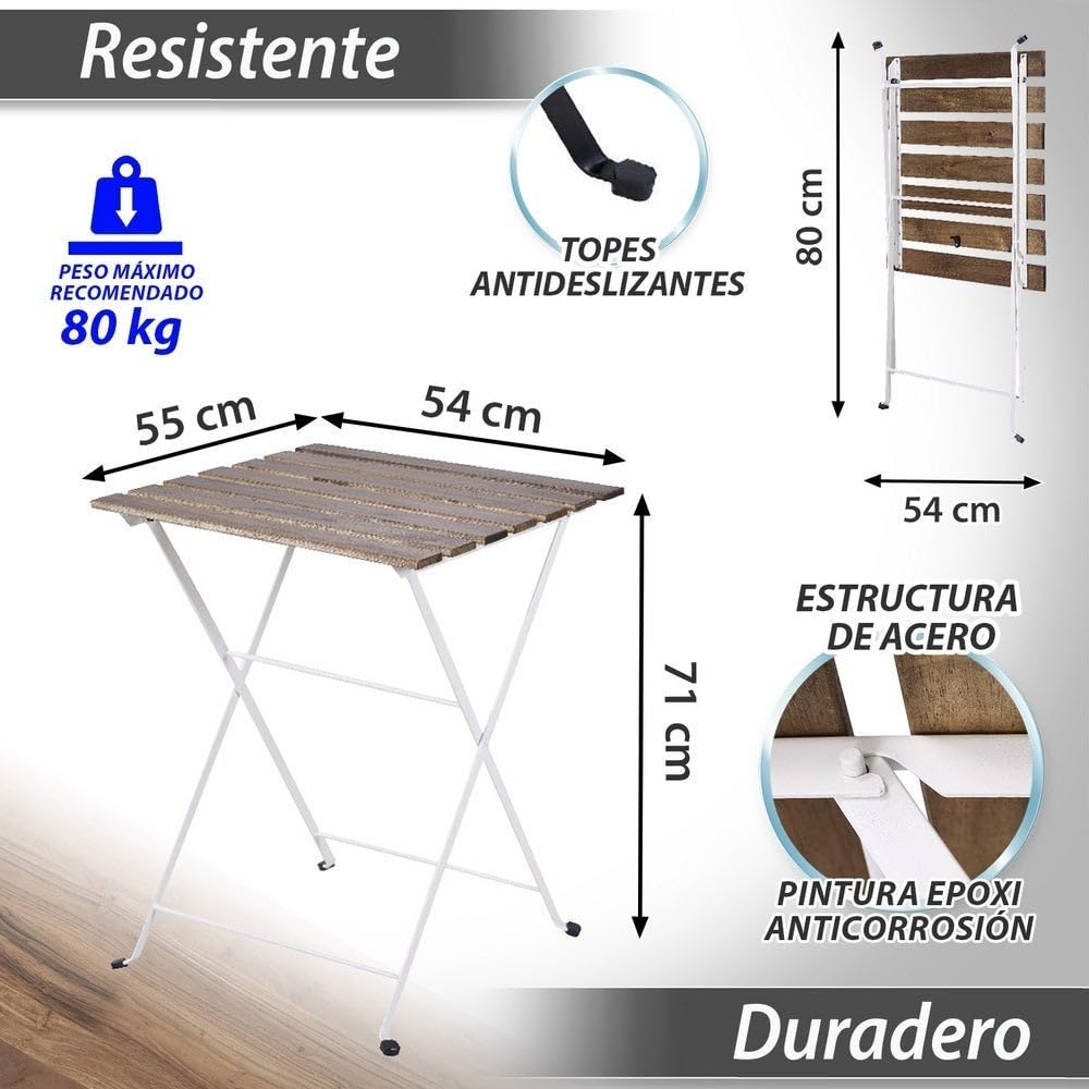 LOLAhome Set Muebles de Balcón Completo | Mesa y 2 Sillas Plegables, de Madera y Acero Blanco | Tratamiento Anticorrosión y Madera Sostenible | para Jardín, Terraza o Balcón | Sirio