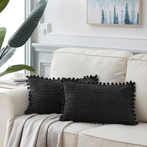 Miniatura 6 de Fancy Homi Paquete de 2 fundas de almohada decorativas lumbares negras de 12 x 24 pulgadas con pompones para sofá, dormitorio, sofá, casa de campo,
