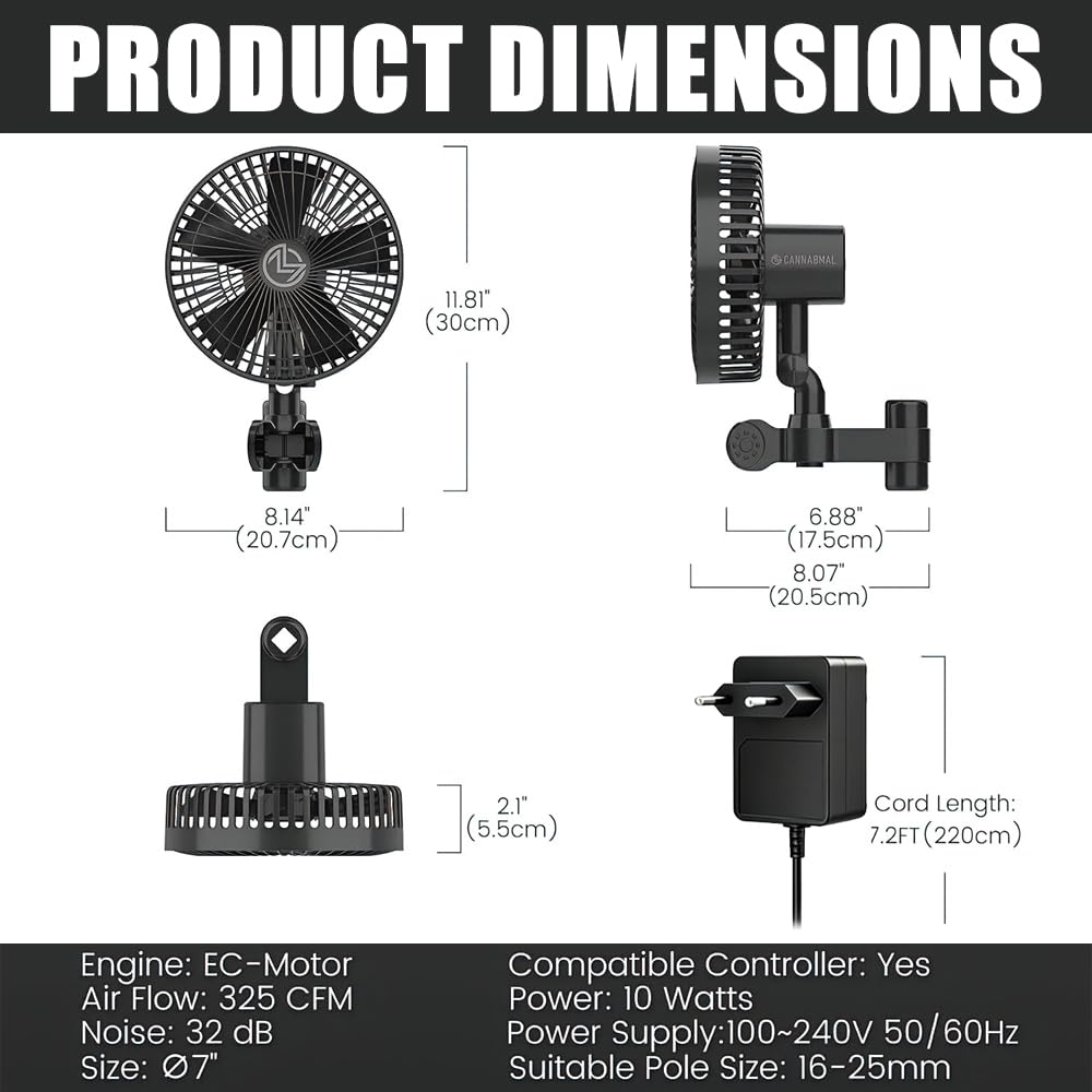 Grow Ventilator mit Clip EC-Motor, 10w Clip-Ventilator Oszillierender, 4-Stufen, 32 dB Umluftventilator leise für Zelt,Anklemmventilator, 150 cm Kabel, Grow lüfter für Zelt und Growbox