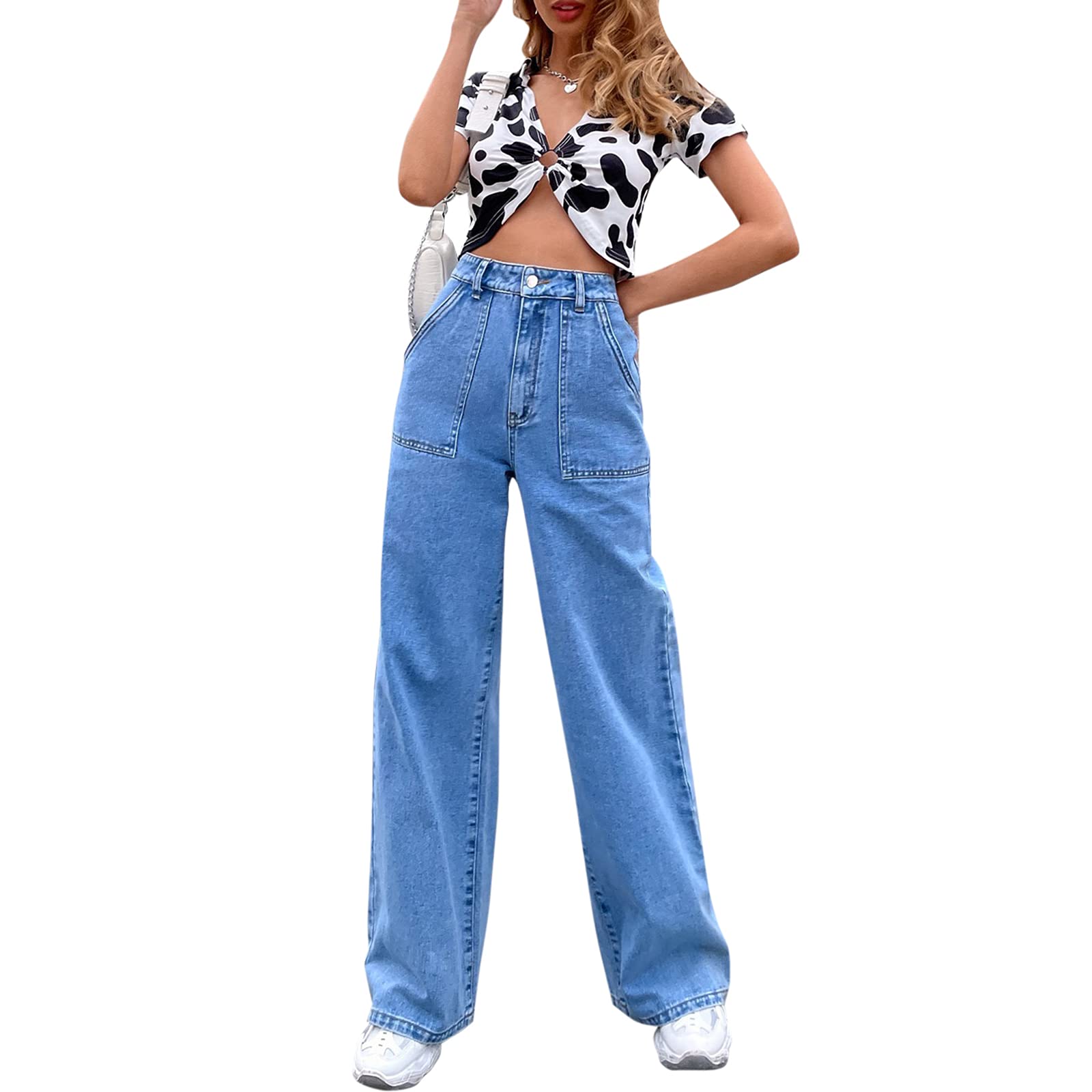 Jean Baggy Fille Taille Haute Délavé Y2K - Coupe Droite, Poches, Style Streetwear Décontracté Pour École Et Sorties