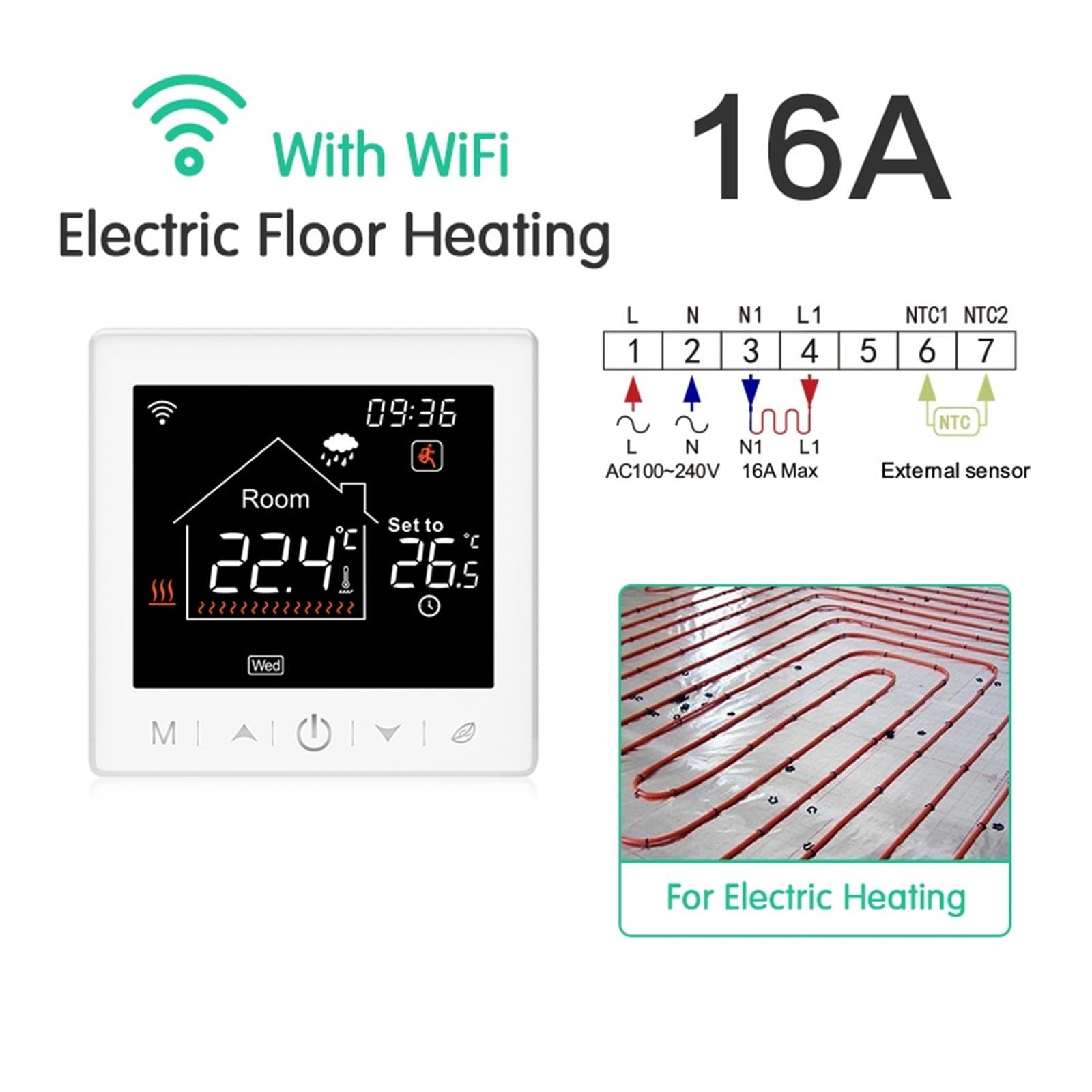 Termostat do ogrzewania podłogowego Programowalny regulator temperatury WiFi elektrycznego ciepłego kotła gazowego Smart Life Work OszczęDza Energię I Koszty Ogrzewania(16A Electric White)