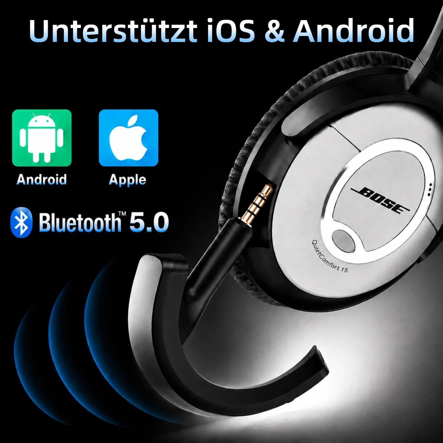 Adattatore Bluetooth per Bose QuietComfort 15, Nero | Aggiungi audio Bluetooth alle cuffie Bose QC15, con supporto AptX, microfono integrato e controlli del volume