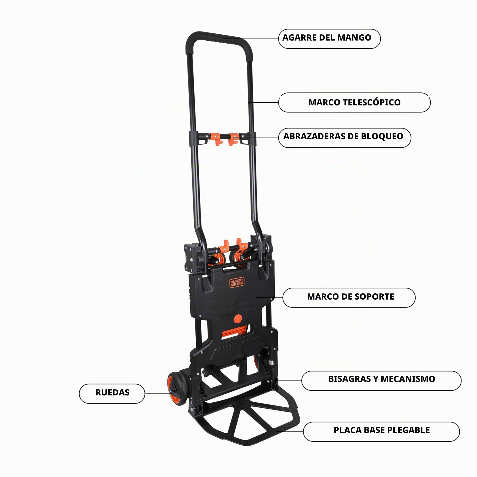 Black+Decker 2-en-1 Carro y Caretilla Plegable - Carretilla de Carga MAX. 55KG - Caretilla de Mano MAX. 120KG - Carro Plataforma con Ruedas Robustas - Plástico/Acero