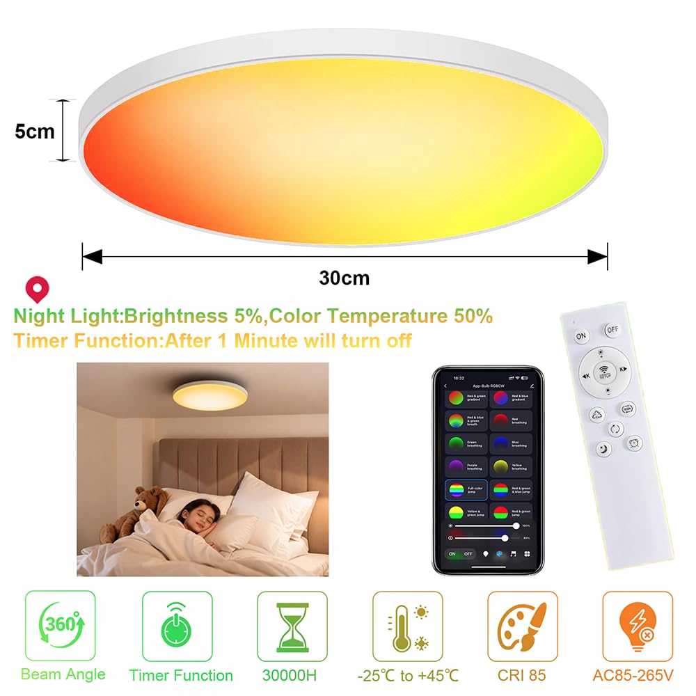 Lampara Techo LED 24W, RGB Lampara Techo Dormitorio, Regulable 2700K-6500K Dimmable con App/Mando a Distancia, Luz Inteligente para Dormitorio, Salon, Cocina(Ø30CM)