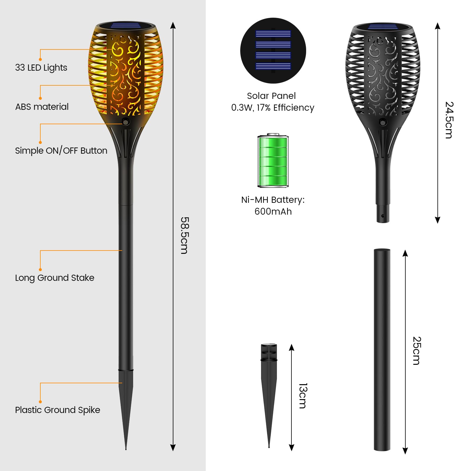 Luces Solares LED Exterior 4 Piezas, Antorchas Solares 33 LED Efecto Llama Realista, IP65 Impermeable Jardín