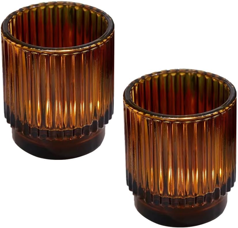 2Pcs Votive Candle Holders,Ribbed Amber Glass Candle Holder,Brown tealight Candle Holder for Table Centerpiece, Wedding, Baby Shower, Home and Party Decorations (Brown)