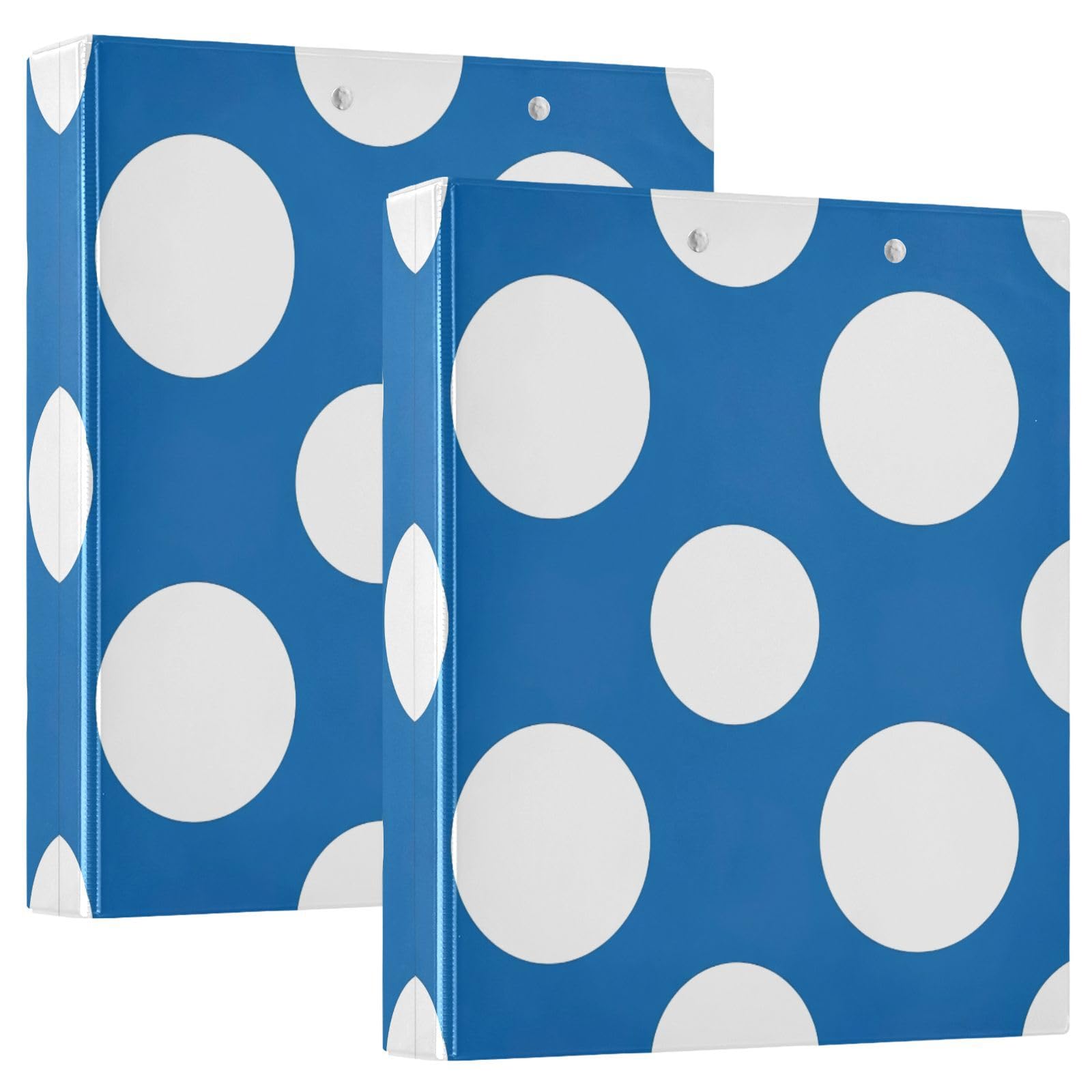Carpeta de 3 anillos con lunares blancos y azul sólido, carpeta de anillos en D, paquete de 2 | Con portapapeles y bolsillos, para escuela, universidad, oficina
