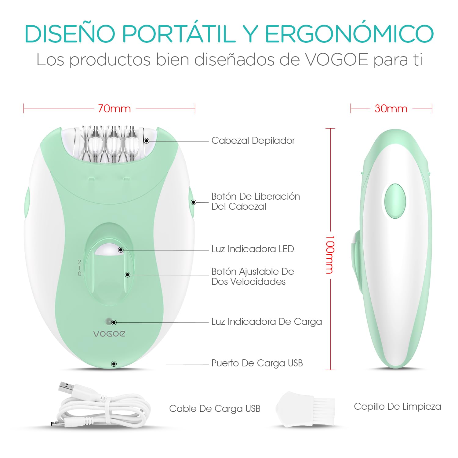 VOGOE Depiladora Mujer con 21 Pinzas & Luz LED, 2 Velocidades Inalámbrica Maquina Depiladora Facial Mujer, Depiladora Electrica Recargable para Brazos, Piernas, Cara HR110 (Verde)