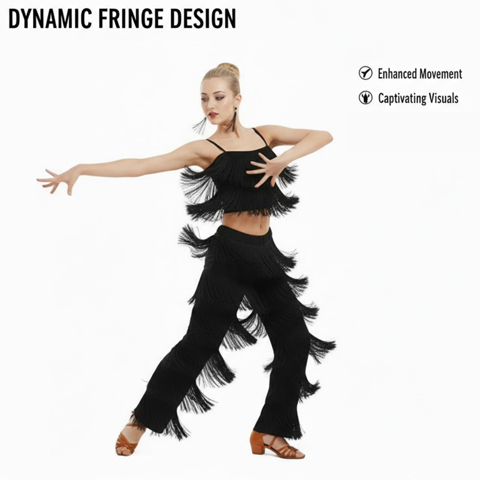 Conjunto Flecos Baile Mujer Top y Pantalón Largo 2 Piezas Ropa de Baile para Salsa Latina Bachata
