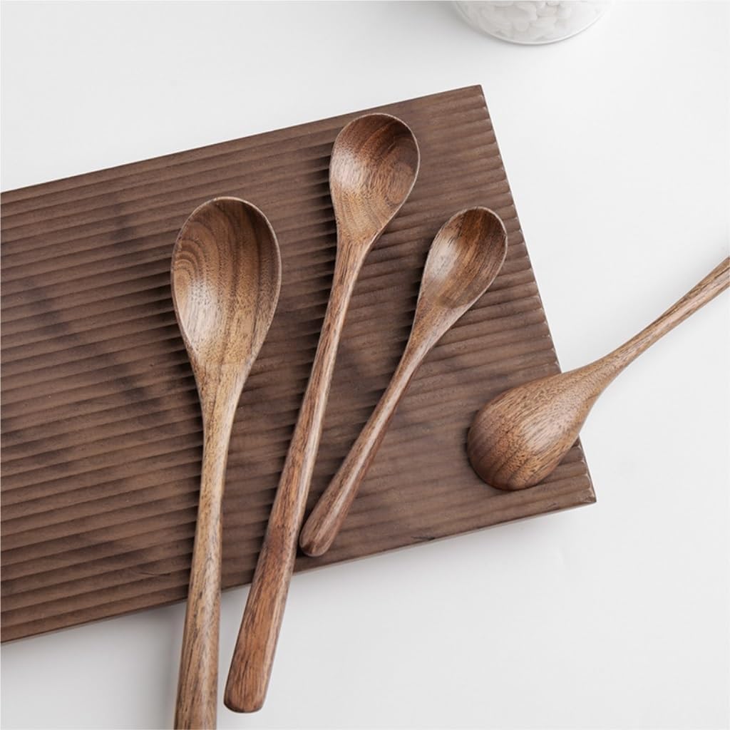 Spoons 3 Pieces of Black Walnut Wooden Spoon Simple Small Soup Spoon Ramen Spoon Long Handle Spoon Coffee Spoon Mixing Spoon