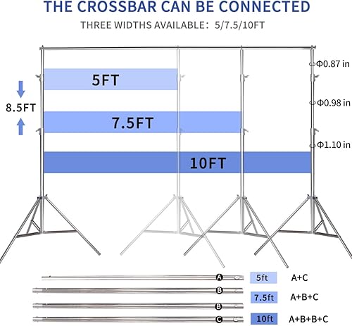 Miniatura 4 de Soporte de fondo de acero inoxidable de 8.5 x 10 pies, sistema de soporte de fondo ajustable para fotos y video, con bolsa de transporte para