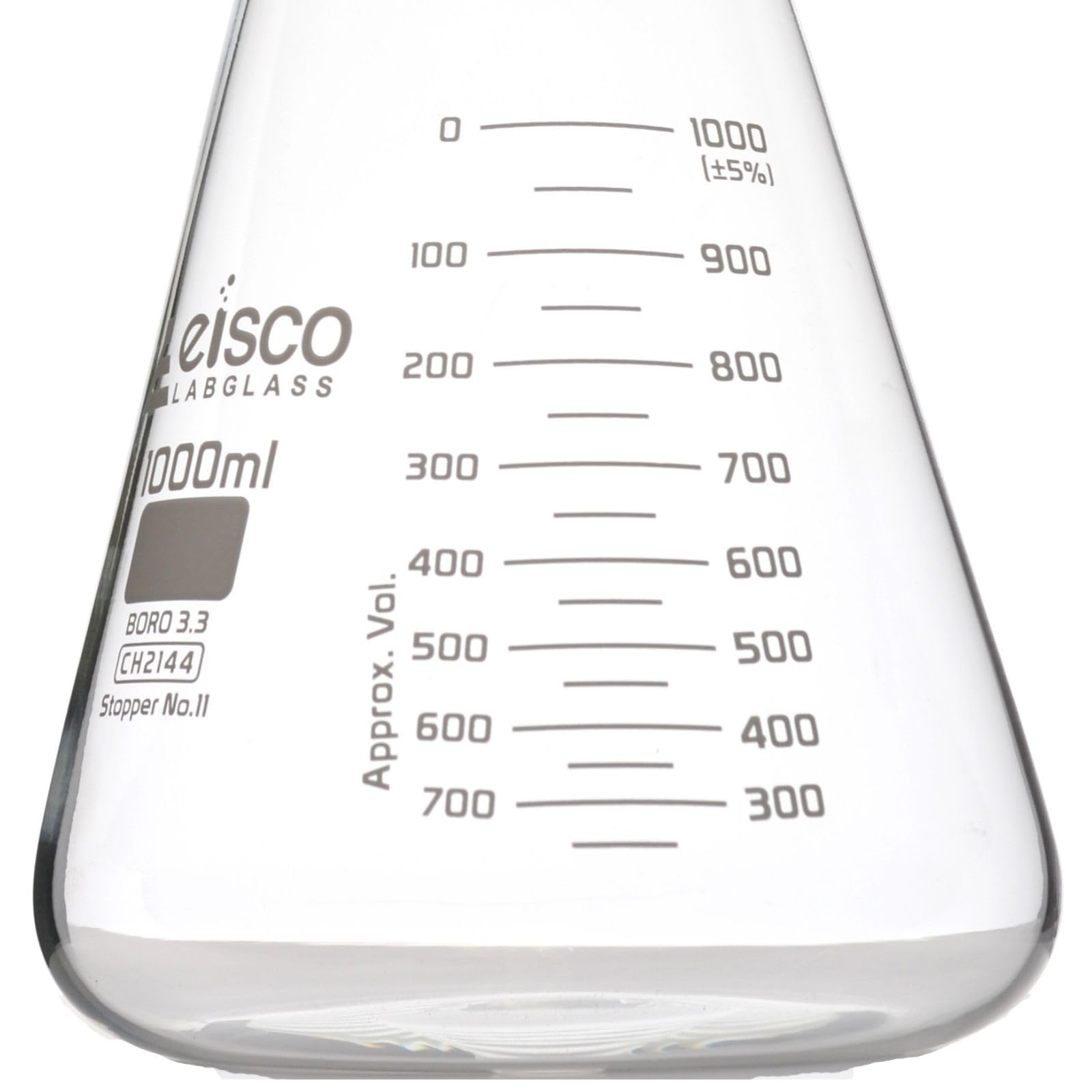 EISCO Erlenmeyer, fiaschetta in vetro borosilicato, 1000 ml, collo largo, ASTM, doppia scala graduata, in vetro borosilicato, collo largo, conico, fiaschetta in vetro