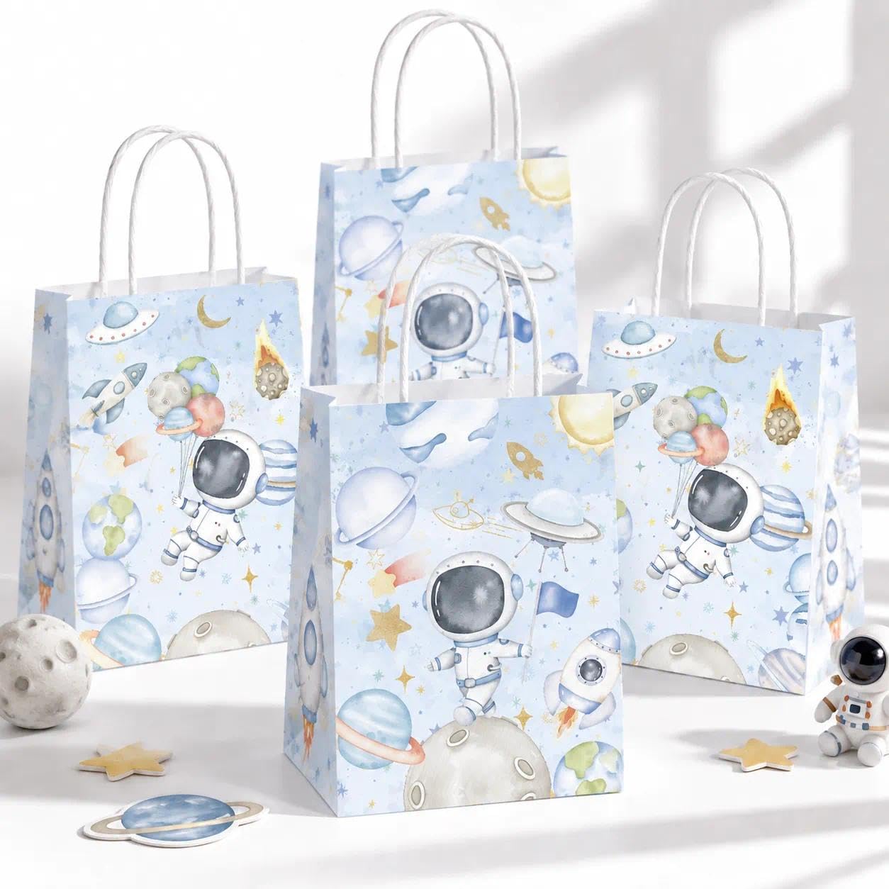 HAPPARTY 16PCS Blue Space Astronaut Party Gift Bags for Boy With Stickers 50PCS, First Trip Around the Sun Candy Treat Goodie Bags for Boy Two The Moon Birthday Baby Shower Decorations