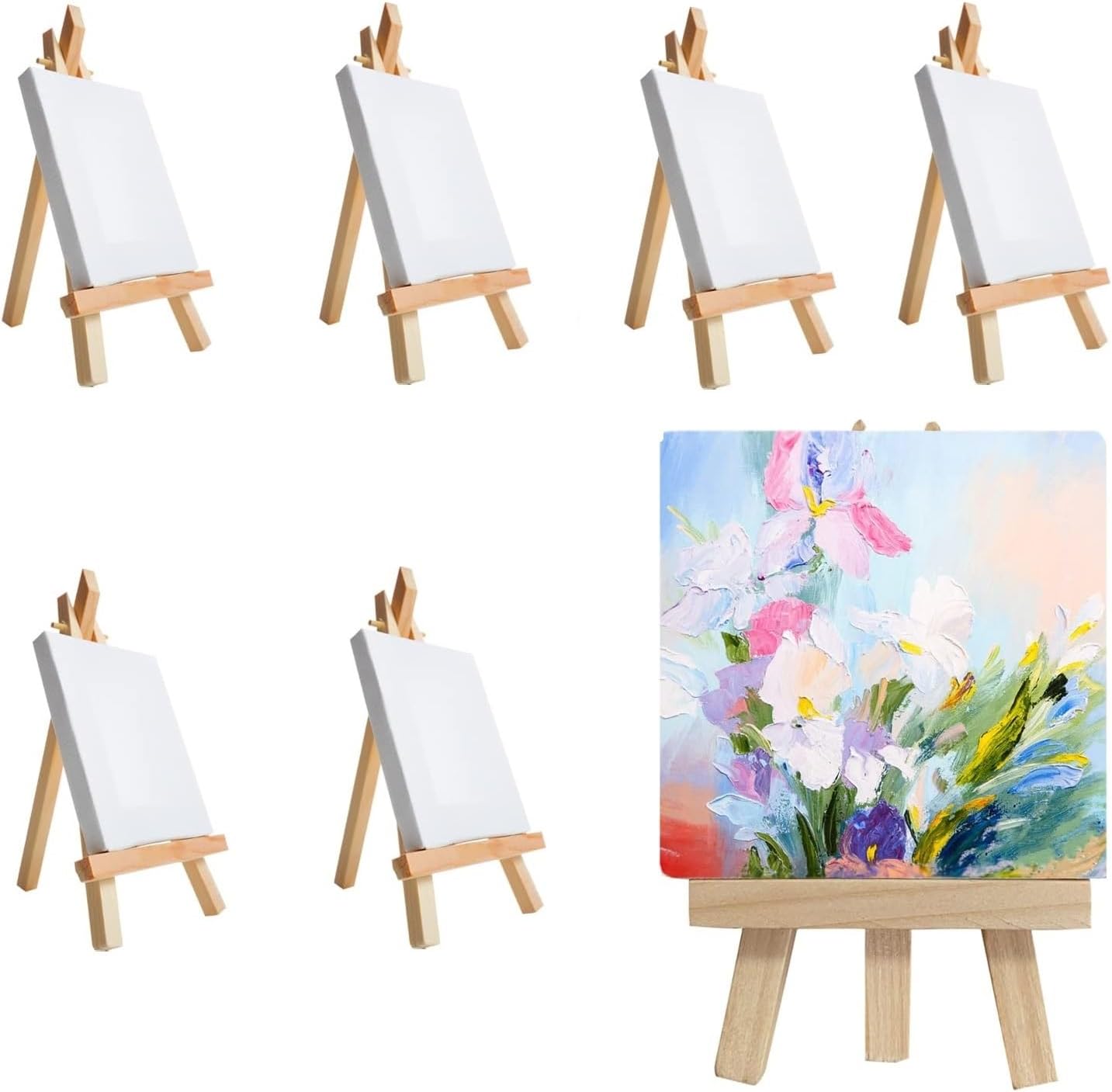 4 x 4 Inch Mini Canvases Panels for Painting with Mini Easel Small Art Painting Canvases Sets with Wood Display Easel for Kids Craft Pouring Oil Water Color Supply School Easter Day Craft (6)